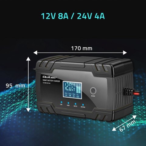 Inteligentna mikroprocesorowa ładowarka 12V 8A | 24V 4A |Prostownik z funkcją naprawy do akumulatora AGM GEL | LCD Qoltec Inteligentna mikroprocesorowa ładowarka 12V 8A | 24V 4A |Prostownik z funkcją naprawy do akumulatora AGM GEL | LCD Qoltec