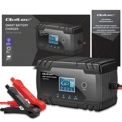 Inteligentna mikroprocesorowa ładowarka 12V 8A | 24V 4A |Prostownik z funkcją naprawy do akumulatora AGM GEL | LCD Qoltec Inteligentna mikroprocesorowa ładowarka 12V 8A | 24V 4A |Prostownik z funkcją naprawy do akumulatora AGM GEL | LCD Qoltec