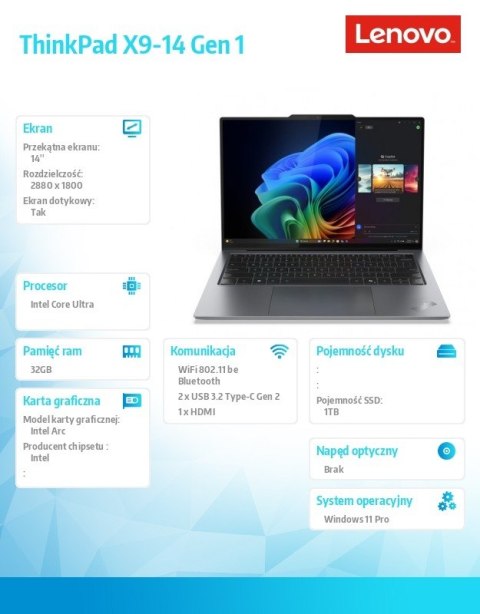 Ultrabook ThinkPad X9-14 G1 21QA0025PB W11Pro Ultra 7 258V/32GB/1TB/INT/14.0 2.8K OLED/Grey/3YRS Premier Support Plus + CO2 Offs