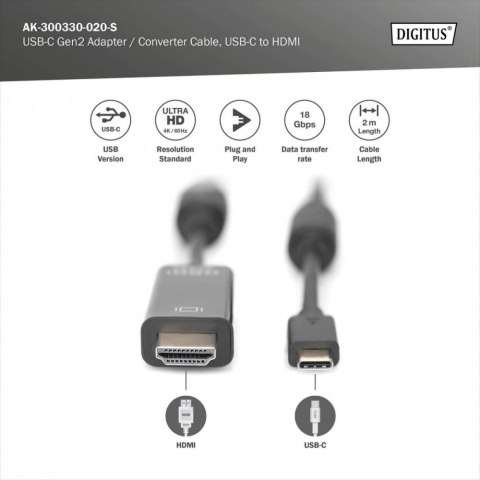 Kabel USB Type-C/HDMI M/M USB 3.1 Gen.2 SuperSpeed+ 4K/60Hz 18Gbps 2m czarny Digitus