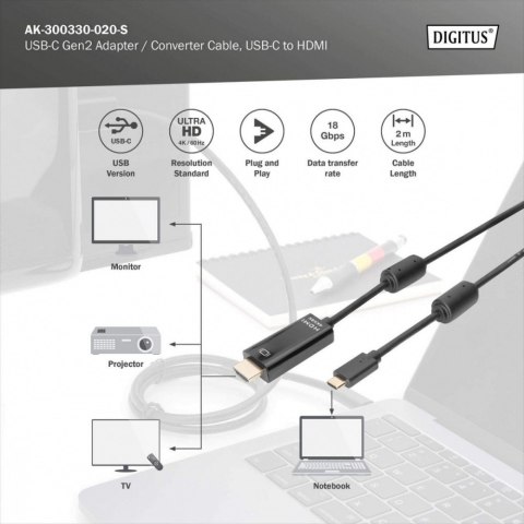Kabel USB Type-C/HDMI M/M USB 3.1 Gen.2 SuperSpeed+ 4K/60Hz 18Gbps 2m czarny Digitus