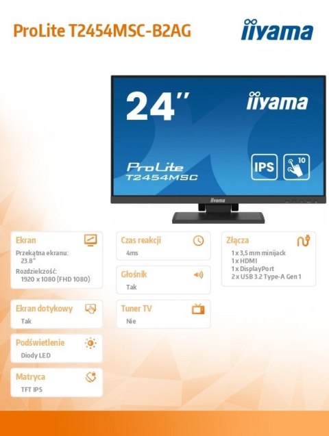 Monitor 24 cale T2454MSC-B2AG 10 PKT. POJ,IPS,HDMI,DP,FHD,300cd,4ms, 2x2W IIYAMA
