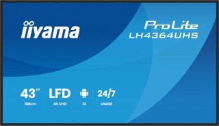 Monitor 43 cale LH4364UHS-B1AG 24/7,VA,ANDROID14,4K,500cd,4000:1,2xHDMI,USB-C,RJ45, RS-232c, IR, 2x10W, 2xUSB, UCHWYT ŚCIENNY IIYAMA