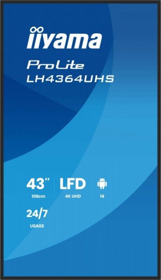 Monitor 43 cale LH4364UHS-B1AG 24/7,VA,ANDROID14,4K,500cd,4000:1,2xHDMI,USB-C,RJ45, RS-232c, IR, 2x10W, 2xUSB, UCHWYT ŚCIENNY IIYAMA