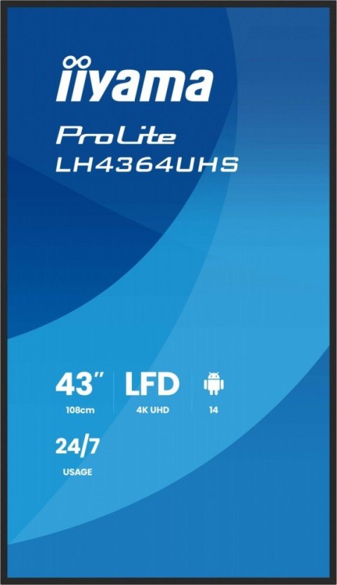 Monitor 43 cale LH4364UHS-B1AG 24/7,VA,ANDROID14,4K,500cd,4000:1,2xHDMI,USB-C,RJ45, RS-232c, IR, 2x10W, 2xUSB, UCHWYT ŚCIENNY IIYAMA