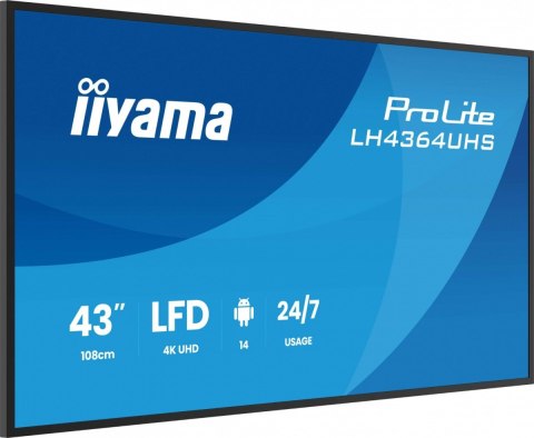 Monitor 43 cale LH4364UHS-B1AG 24/7,VA,ANDROID14,4K,500cd,4000:1,2xHDMI,USB-C,RJ45, RS-232c, IR, 2x10W, 2xUSB, UCHWYT ŚCIENNY IIYAMA