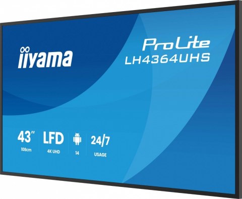 Monitor 43 cale LH4364UHS-B1AG 24/7,VA,ANDROID14,4K,500cd,4000:1,2xHDMI,USB-C,RJ45, RS-232c, IR, 2x10W, 2xUSB, UCHWYT ŚCIENNY IIYAMA
