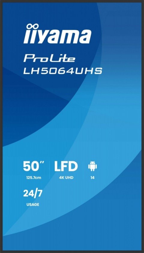 Monitor 50 cali LH5064UHS-B1AG, 24/7,IPS,ANDROID14,4K,500cd,1200:1, 2xHDMI ,USB-C,RJ45, RS-232c, IR, 2x10W, 2xUSB, UCHWYT ŚCIE IIYAMA