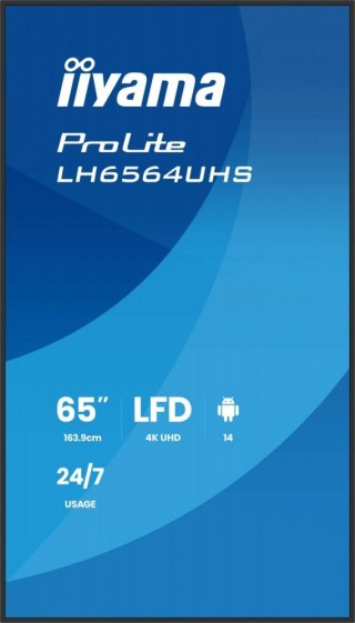 Monitor 65 cali LH6564UHS-B1AG, 24/7,VA,ANDROID14,4K,500cd,5000:1, 2xHDMI ,USB-C,RJ45, RS-232c, IR, 2x10W, 2xUSB, UCHWYT ŚCIE IIYAMA