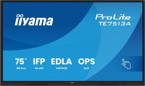 Monitor 75 cali TE7513A-B1AG INFRARED, 40pkt, IPS, 4K, 7H, 450cd/m2, WiFi, USB, ANDROID 14, Google EDLA, 2x20W, uchwyt ścienny IIYAMA