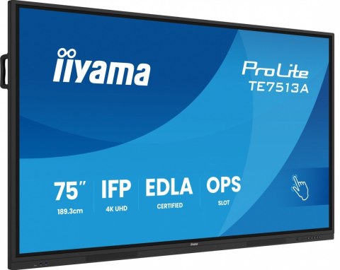Monitor 75 cali TE7513A-B1AG INFRARED, 40pkt, IPS, 4K, 7H, 450cd/m2, WiFi, USB, ANDROID 14, Google EDLA, 2x20W, uchwyt ścienny IIYAMA