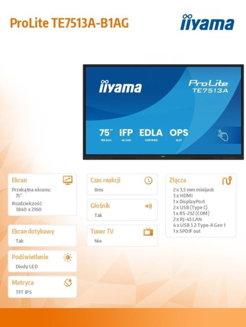 Monitor 75 cali TE7513A-B1AG INFRARED, 40pkt, IPS, 4K, 7H, 450cd/m2, WiFi, USB, ANDROID 14, Google EDLA, 2x20W, uchwyt ścienny IIYAMA