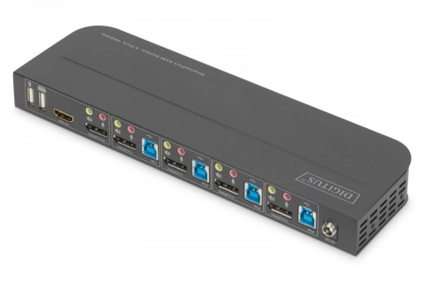 Przełącznik KVM, 4 portowy, 4K 60Hz, 4x DP IN, 1x DP OUT, 1x HDMI OUT, 2x USB A, 1x Audio IN&OUT Digitus