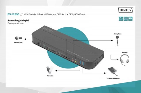Przełącznik KVM, 4 portowy, 4K 60Hz, 4x DP IN, 1x DP OUT, 1x HDMI OUT, 2x USB A, 1x Audio IN&OUT Digitus