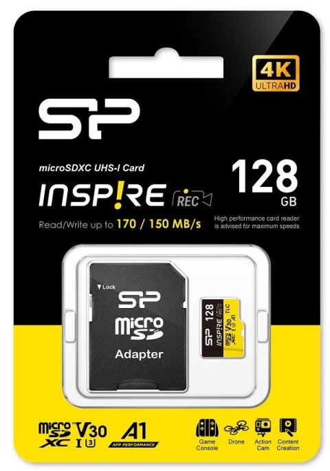 Karta pamięci microSDXC Inspire 128GB UHS-I U3 A1 V30 4K TLC Silicon Power Karta pamięci microSDXC Inspire 128GB UHS-I U3 A1 V30 4K TLC Silicon Power