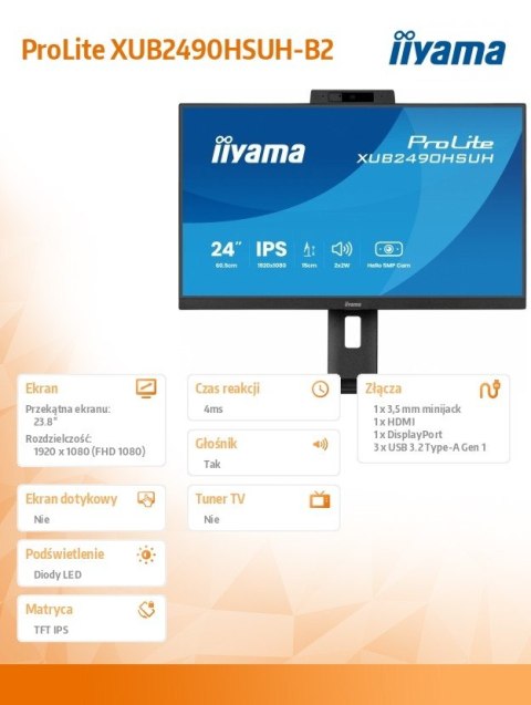 Monitor 24 cale XUB2490HSUH-B2 IPS,FHD,CAM,MIC,HDMI,DP IIYAMA