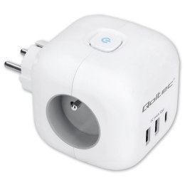 Kostka zasilająca przedłużacz 6w1 z podświetlanym włącznikiem | 3x AC | 2x USB | 1x USB-C PD 20W | biała Qoltec