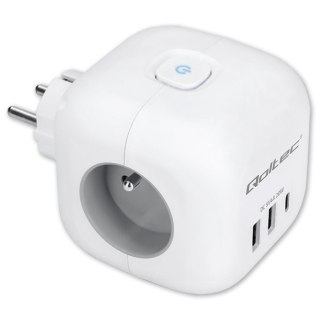 Kostka zasilająca przedłużacz 6w1 z podświetlanym włącznikiem | 3x AC | 2x USB | 1x USB-C PD 20W | biała Qoltec