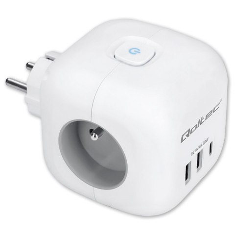Kostka zasilająca przedłużacz 6w1 z podświetlanym włącznikiem | 3x AC | 2x USB | 1x USB-C PD 20W | biała Qoltec
