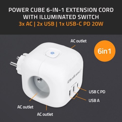 Kostka zasilająca przedłużacz 6w1 z podświetlanym włącznikiem | 3x AC | 2x USB | 1x USB-C PD 20W | biała Qoltec Kostka zasilająca przedłużacz 6w1 z podświetlanym włącznikiem | 3x AC | 2x USB | 1x USB-C PD 20W | biała Qoltec