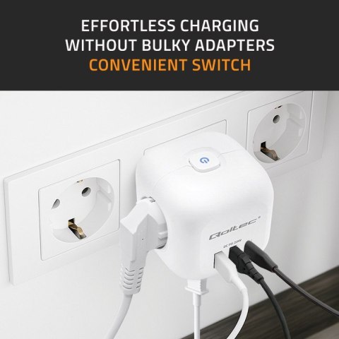 Kostka zasilająca przedłużacz 6w1 z podświetlanym włącznikiem | 3x AC | 2x USB | 1x USB-C PD 20W | biała Qoltec Kostka zasilająca przedłużacz 6w1 z podświetlanym włącznikiem | 3x AC | 2x USB | 1x USB-C PD 20W | biała Qoltec
