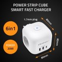 Kostka zasilająca przedłużacz 6w1 z podświetlanym włącznikiem | 3x AC | 2x USB | 1x USB-C PD 20W | biała Qoltec