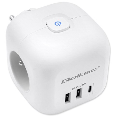Kostka zasilająca przedłużacz 6w1 z podświetlanym włącznikiem | 3x AC | 2x USB | 1x USB-C PD 20W | biała Qoltec Kostka zasilająca przedłużacz 6w1 z podświetlanym włącznikiem | 3x AC | 2x USB | 1x USB-C PD 20W | biała Qoltec