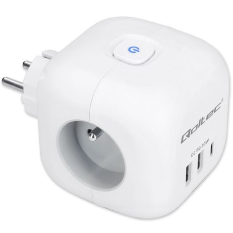 Kostka zasilająca przedłużacz 6w1 z podświetlanym włącznikiem | 3x AC | 2x USB | 1x USB-C PD 20W | biała Qoltec Kostka zasilająca przedłużacz 6w1 z podświetlanym włącznikiem | 3x AC | 2x USB | 1x USB-C PD 20W | biała Qoltec