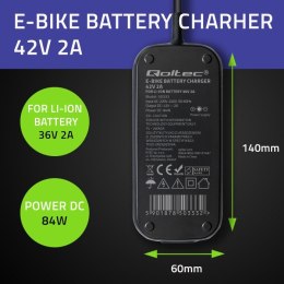 Ładowarka do roweru skutera elektrycznego 36V | 42V | 2A | 5.5*2.5 + wodoodporna + kabel zasilający Qoltec