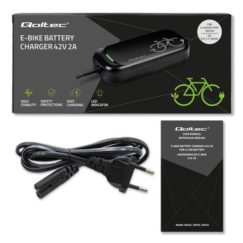 Ładowarka do roweru skutera elektrycznego 36V | 42V | 2A | 5.5*2.5 + wodoodporna + kabel zasilający Qoltec