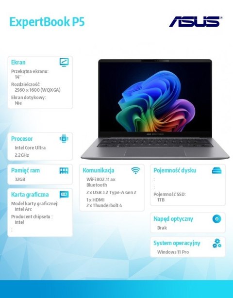 Notebook P5405CSA-NZ0408X ultra 7 258V/14 cali WQXGA/32GB/1TB/ Win 11 PRO/3YRS Copilot+PC Asus Notebook P5405CSA-NZ0408X ultra 7 258V/14 cali WQXGA/32GB/1TB/ Win 11 PRO/3YRS Copilot+PC Asus