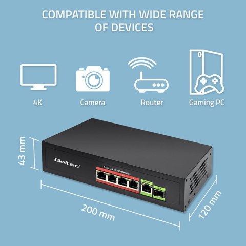 Przełącznik sieciowy SWITCH FAST ETHERNET PoE 4x RJ45 PoE 1x RJ45Uplink 1x SFP | 65W | 1000 Mb/s Qoltec Przełącznik sieciowy SWITCH FAST ETHERNET PoE 4x RJ45 PoE 1x RJ45Uplink 1x SFP | 65W | 1000 Mb/s Qoltec