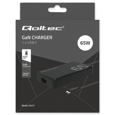 Ładowarka sieciowa 65W GaN Super Fast SLIM | PD | 5-20V | 3.25A |USB-C 3.1 | Laptop | MacBook | Smartfon | +kabel Qoltec