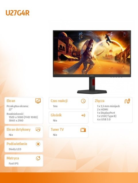 Monitor 27 cali U27G4R Fast IPS 4K 160Hz HDMI DP Pivot