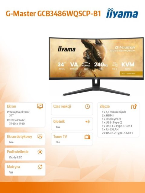 Monitor G-Master 34 cale GCB3486WQSCP-B1,VA,UWQHD,240HZ,0.4ms,1500R,HDR400,500cd,21:9,HDMI (2.1), USB-C dock 95W, RJ45, 2x5W, KV IIYAMA