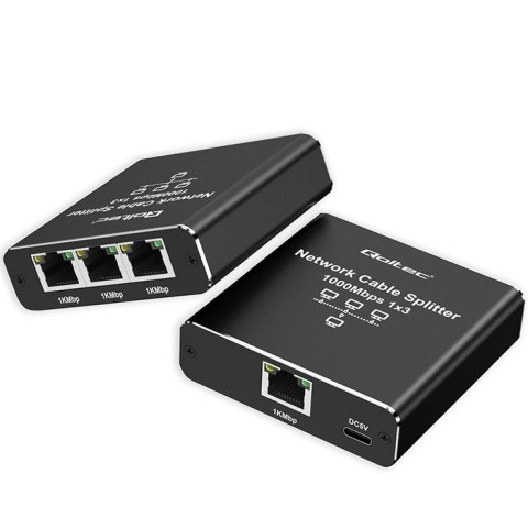 Rozdzielacz Splitter Ethernet mini SWITCH 1x3 RJ45 | 1000Mb/s | USB-C | Aluminium Qoltec