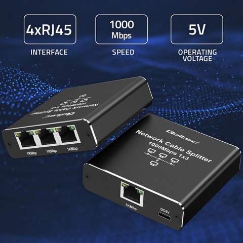 Rozdzielacz Splitter Ethernet mini SWITCH 1x3 RJ45 | 1000Mb/s | USB-C | Aluminium Qoltec Rozdzielacz Splitter Ethernet mini SWITCH 1x3 RJ45 | 1000Mb/s | USB-C | Aluminium Qoltec