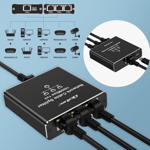 Rozdzielacz Splitter Ethernet mini SWITCH 1x3 RJ45 | 1000Mb/s | USB-C | Aluminium Qoltec Rozdzielacz Splitter Ethernet mini SWITCH 1x3 RJ45 | 1000Mb/s | USB-C | Aluminium Qoltec