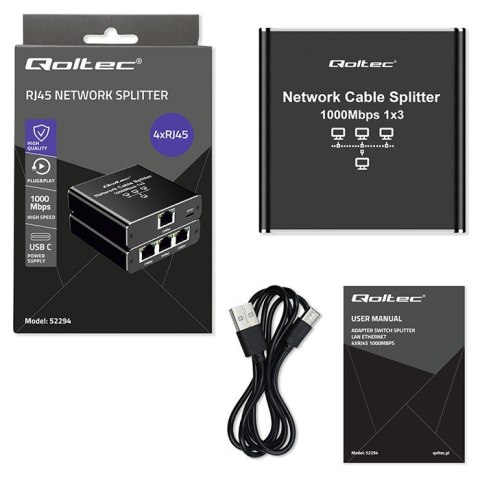 Rozdzielacz Splitter Ethernet mini SWITCH 1x3 RJ45 | 1000Mb/s | USB-C | Aluminium Qoltec Rozdzielacz Splitter Ethernet mini SWITCH 1x3 RJ45 | 1000Mb/s | USB-C | Aluminium Qoltec