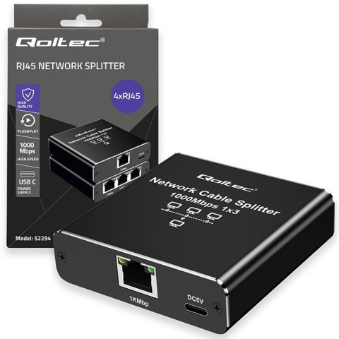 Rozdzielacz Splitter Ethernet mini SWITCH 1x3 RJ45 | 1000Mb/s | USB-C | Aluminium Qoltec Rozdzielacz Splitter Ethernet mini SWITCH 1x3 RJ45 | 1000Mb/s | USB-C | Aluminium Qoltec