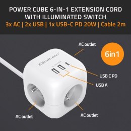 Kostka zasilająca przedłużacz 6w1 z podświetlanym włącznikiem | 3x AC | 2x USB | 1x USB-C PD 20W | biała | kabel 2m Qoltec