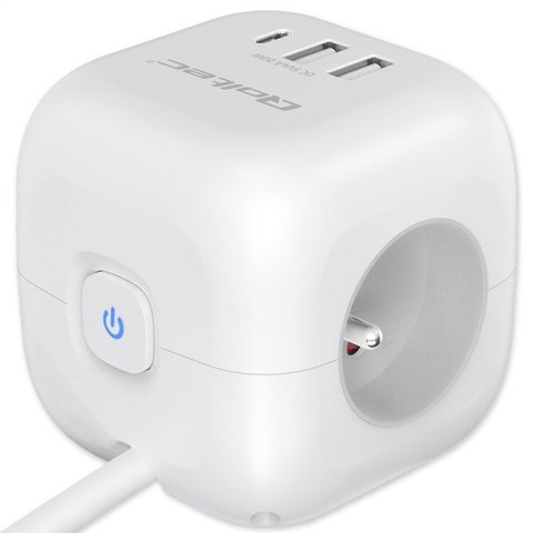 Kostka zasilająca przedłużacz 6w1 z podświetlanym włącznikiem | 3x AC | 2x USB | 1x USB-C PD 20W | biała | kabel 2m Qoltec Kostka zasilająca przedłużacz 6w1 z podświetlanym włącznikiem | 3x AC | 2x USB | 1x USB-C PD 20W | biała | kabel 2m Qoltec