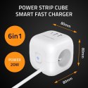 Kostka zasilająca przedłużacz 6w1 z podświetlanym włącznikiem | 3x AC | 2x USB | 1x USB-C PD 20W | biała | kabel 2m Qoltec