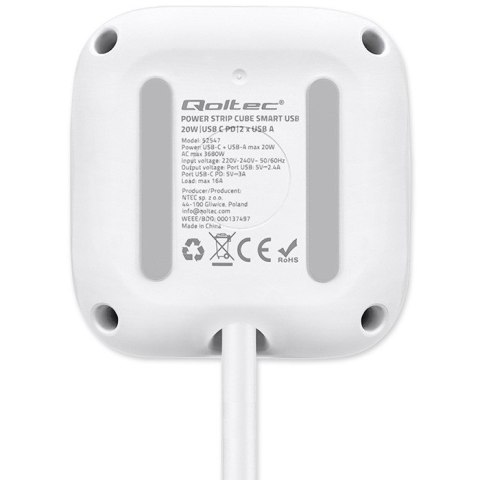 Kostka zasilająca przedłużacz 6w1 z podświetlanym włącznikiem | 3x AC | 2x USB | 1x USB-C PD 20W | biała | kabel 2m Qoltec Kostka zasilająca przedłużacz 6w1 z podświetlanym włącznikiem | 3x AC | 2x USB | 1x USB-C PD 20W | biała | kabel 2m Qoltec
