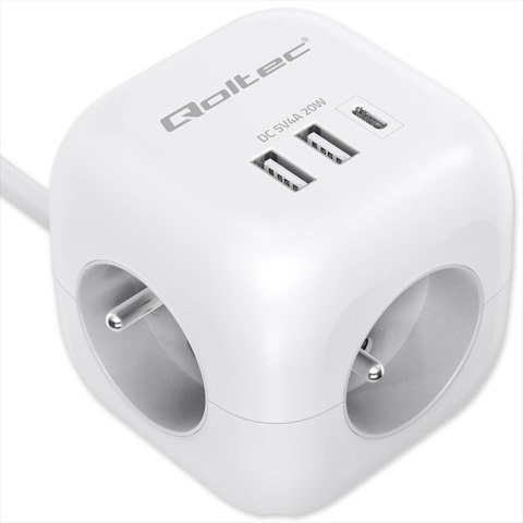 Kostka zasilająca przedłużacz 6w1 z podświetlanym włącznikiem | 3x AC | 2x USB | 1x USB-C PD 20W | biała | kabel 2m Qoltec Kostka zasilająca przedłużacz 6w1 z podświetlanym włącznikiem | 3x AC | 2x USB | 1x USB-C PD 20W | biała | kabel 2m Qoltec