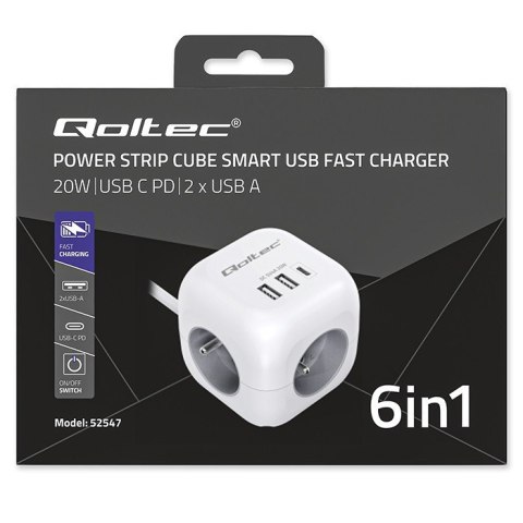 Kostka zasilająca przedłużacz 6w1 z podświetlanym włącznikiem | 3x AC | 2x USB | 1x USB-C PD 20W | biała | kabel 2m Qoltec Kostka zasilająca przedłużacz 6w1 z podświetlanym włącznikiem | 3x AC | 2x USB | 1x USB-C PD 20W | biała | kabel 2m Qoltec