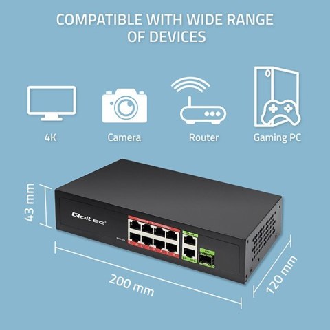Przełącznik sieciowy SWITCH FAST Ethernet 8x RJ45 PoE 2x RJ45 Uplink 1x SFP | 120W | 1000Mb/s Qoltec Przełącznik sieciowy SWITCH FAST Ethernet 8x RJ45 PoE 2x RJ45 Uplink 1x SFP | 120W | 1000Mb/s Qoltec