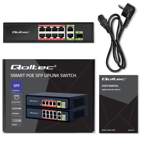 Przełącznik sieciowy SWITCH FAST Ethernet 8x RJ45 PoE 2x RJ45 Uplink 1x SFP | 120W | 1000Mb/s Qoltec Przełącznik sieciowy SWITCH FAST Ethernet 8x RJ45 PoE 2x RJ45 Uplink 1x SFP | 120W | 1000Mb/s Qoltec