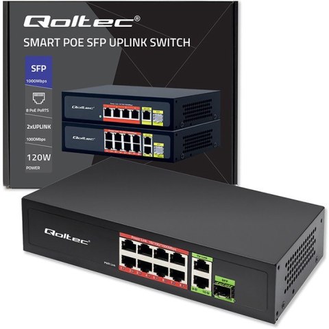 Przełącznik sieciowy SWITCH FAST Ethernet 8x RJ45 PoE 2x RJ45 Uplink 1x SFP | 120W | 1000Mb/s Qoltec Przełącznik sieciowy SWITCH FAST Ethernet 8x RJ45 PoE 2x RJ45 Uplink 1x SFP | 120W | 1000Mb/s Qoltec