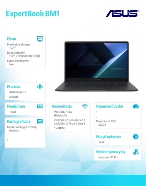 Notebook ExpertBook BM1 BMBM1503CDA-S70065X- R5 7535U/16GB/512GB/15.6 FHD/Win 11 PRO/3YRS Asus